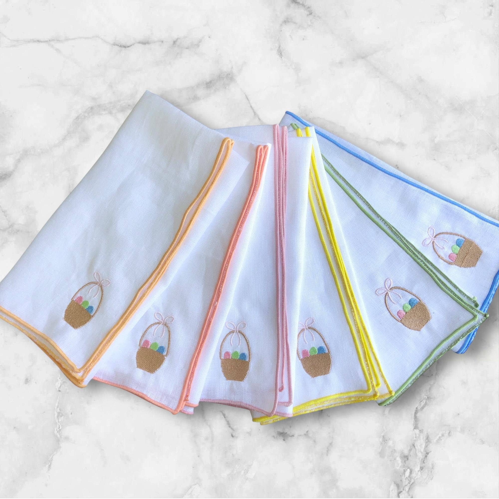 Belle Linen – wholesale Dinner & cloth napkin – Set of 4/6 Embroidered Easter Eggs Basket Linen Napkins0