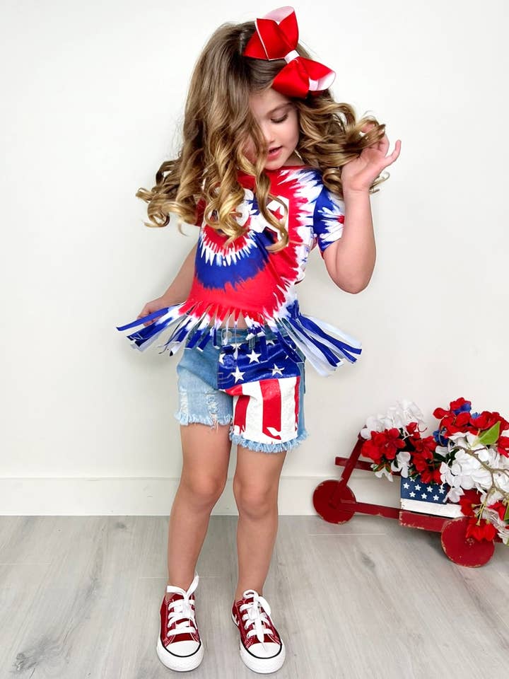 Blue USA Fringe Top and American Flag Denim Short Set for wholesale on Faire