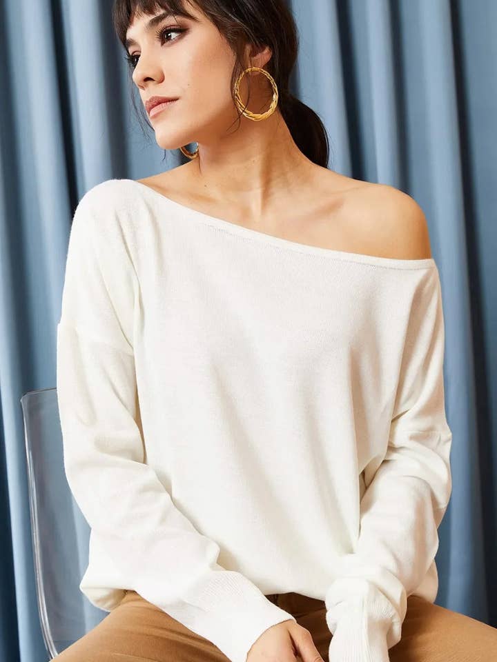 Boat Neck Loose Knit Sweater for wholesale by Hoxton Gal