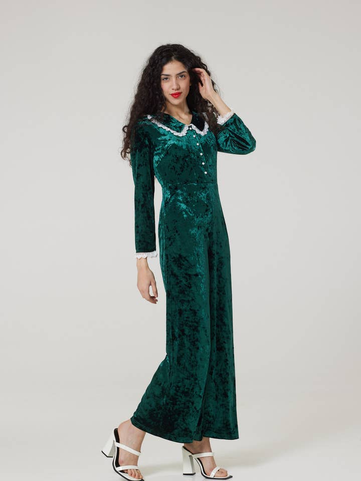 Pixie Festive Wide Leg Velvet Jumpsuit in Green for wholesale by Timeless London