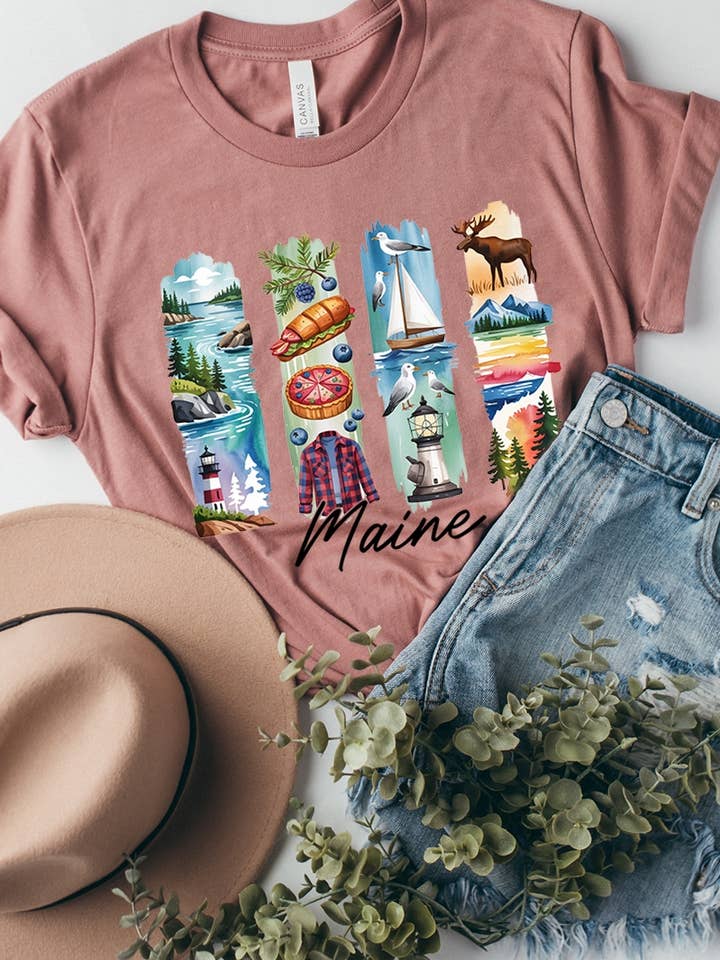 Maine State Brushstroke Grafisk T-shirt for engroshandel hos Pink Irene Wholesale