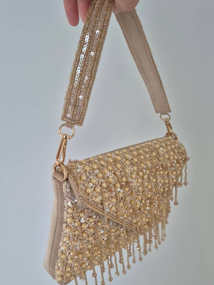 Handbag Beaded Tassel Drop Pearl Oyster Cream Bag for wholesale by Melci Studio