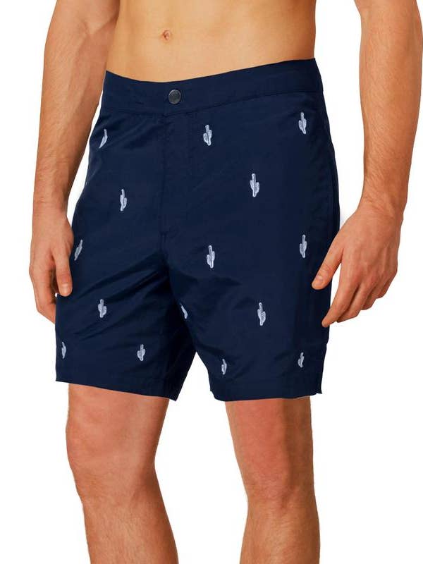 Aruba 6.5" Navy Embroidered Cactus Swim Trunks for wholesale by boto