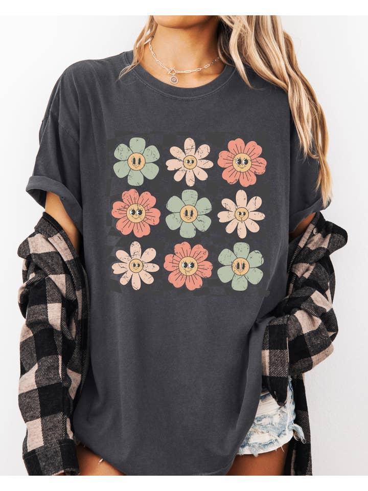 Refinery Number One LLC – wholesale T-shirt (graphic) – women's – Retro Flowers, Checkered, Daisies, Hippie, Positivity Shirt