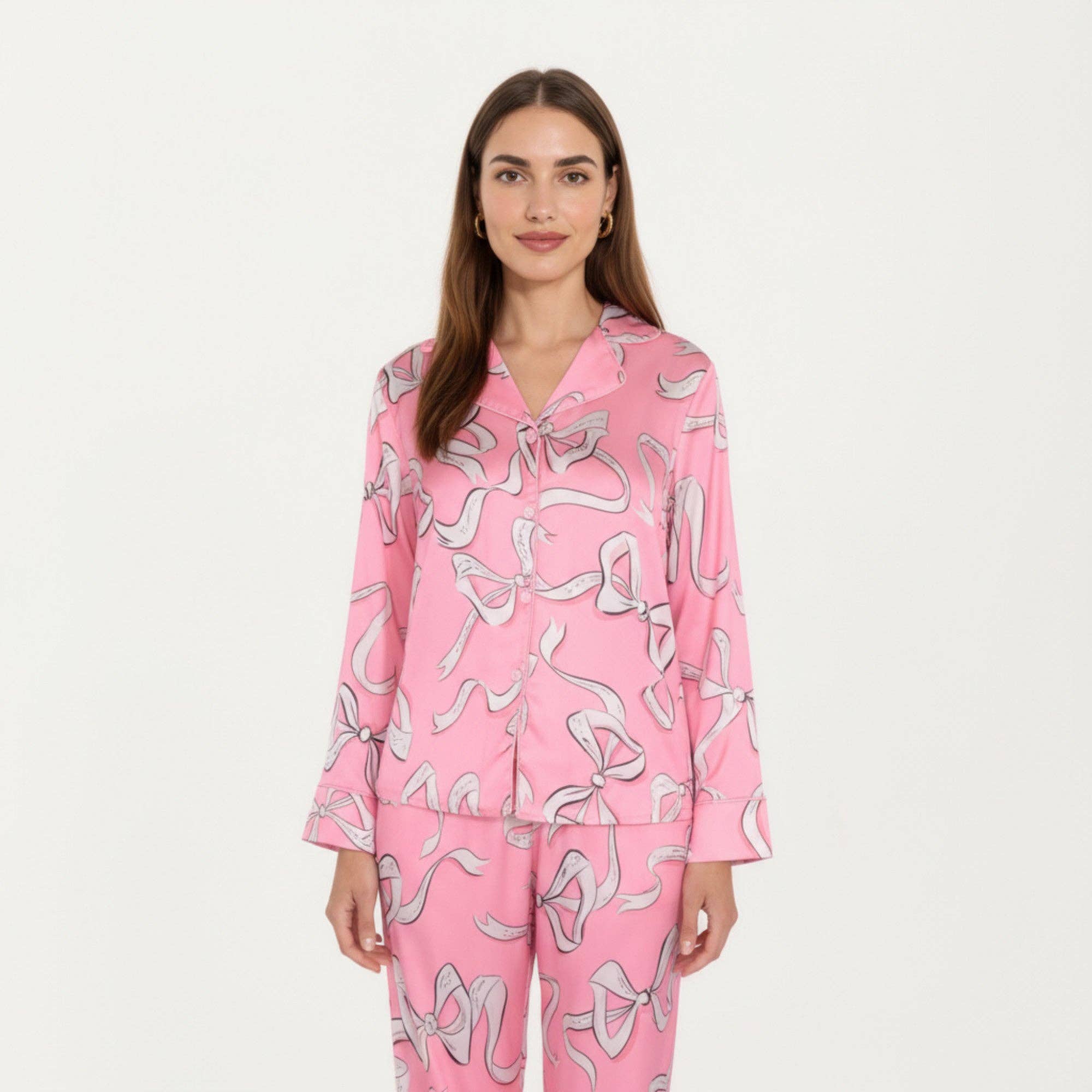 Pink 2-Piece Set Long Sleeve Button Front Pajama Set with Ribbon for wholesale on Faire1