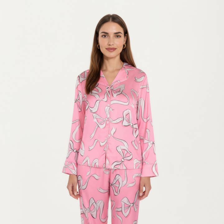 Pink 2-Piece Set Long Sleeve Button Front Pajama Set with Ribbon for wholesale on Faire1
