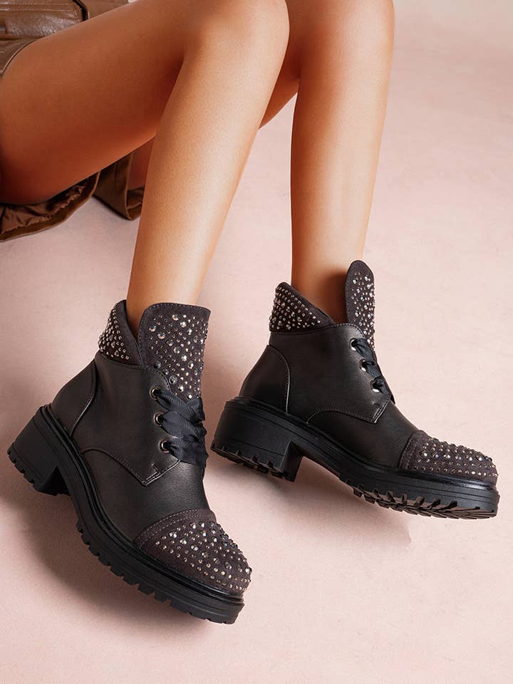 LADY GLORY - Wholesale Combat/Military Boots - Women's - Faux leather ankle boots with rhinestones2