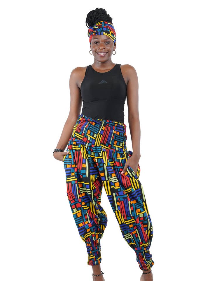 African Ankara Ladies Casual Modern Smocked Harem Pants for wholesale by Satsuma Wholesale
