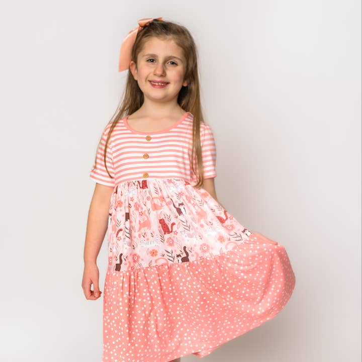 Girls Coral Pretty Kitty Tiered Button-Front Dress for wholesale by Millie Loves Lily