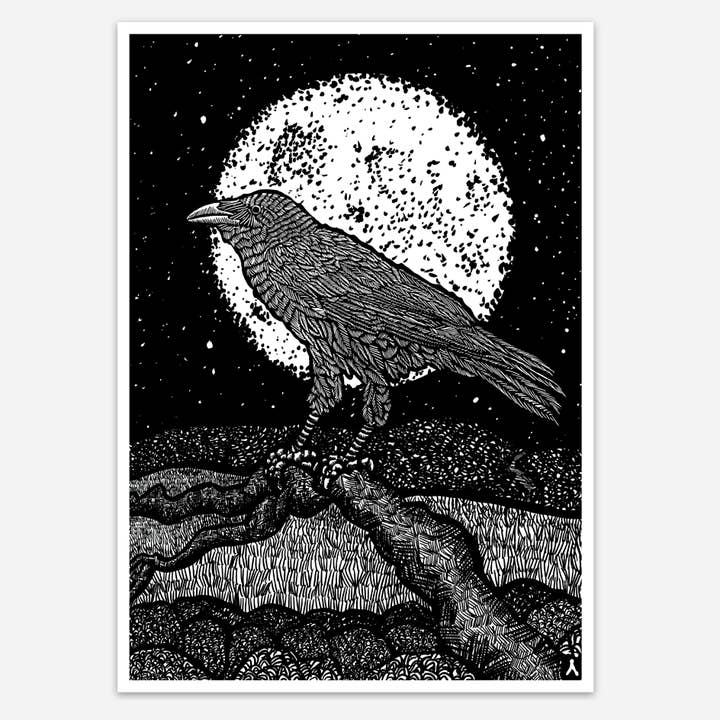 Autocollant en vinyle Corbeau sur une branche au clair de lune de minuit pour la vente par Bellavance Ink