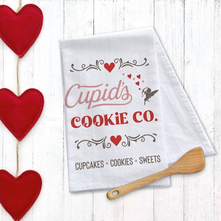 Cotton Tea towel | Cupids Cookie Co. valentine's day tea towel | cupcakes cookies sweets dish towel | valentines for wholesale by ZA Handmade Wholesale
