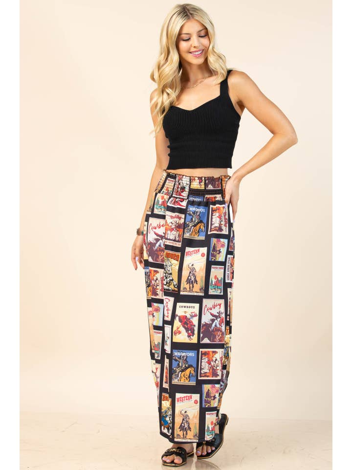 Negro Multi FALDA DE CINTURA ELÁSTICA AHUMADA CON ESTAMPADO VAQUERO VINTAGE AV1213-TESS de venta al por mayor en Faire