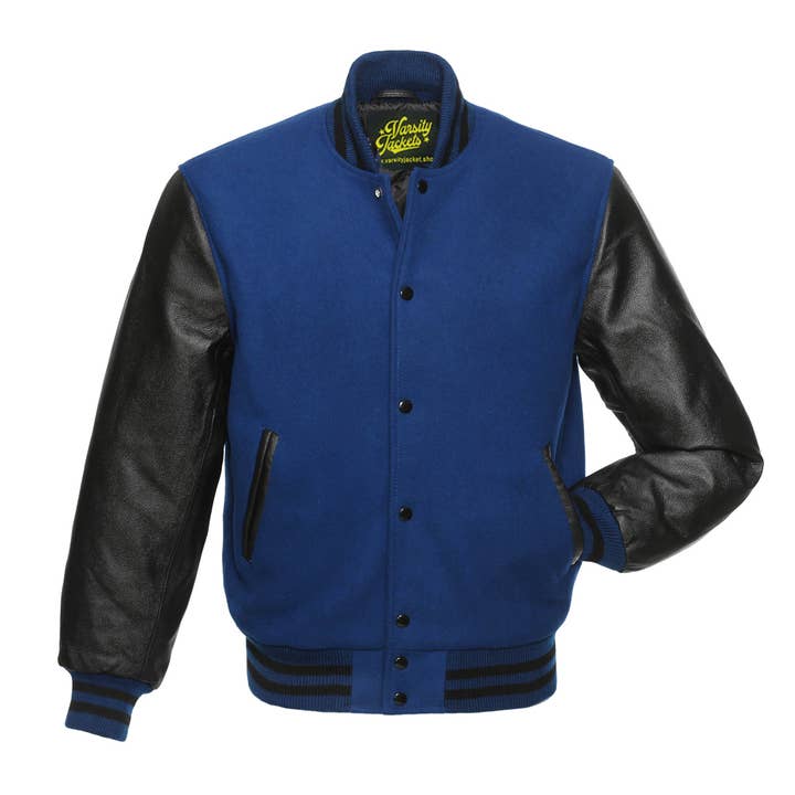 Royal Blue Wool & Black Leather Sleeves Letterman Jacket for wholesale by Varsity Craft