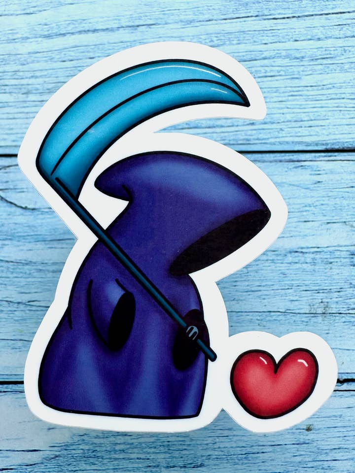 Grim Reaper Valentine Sticker, goth valentine, witchy things for wholesale by Melanie Feltham Art