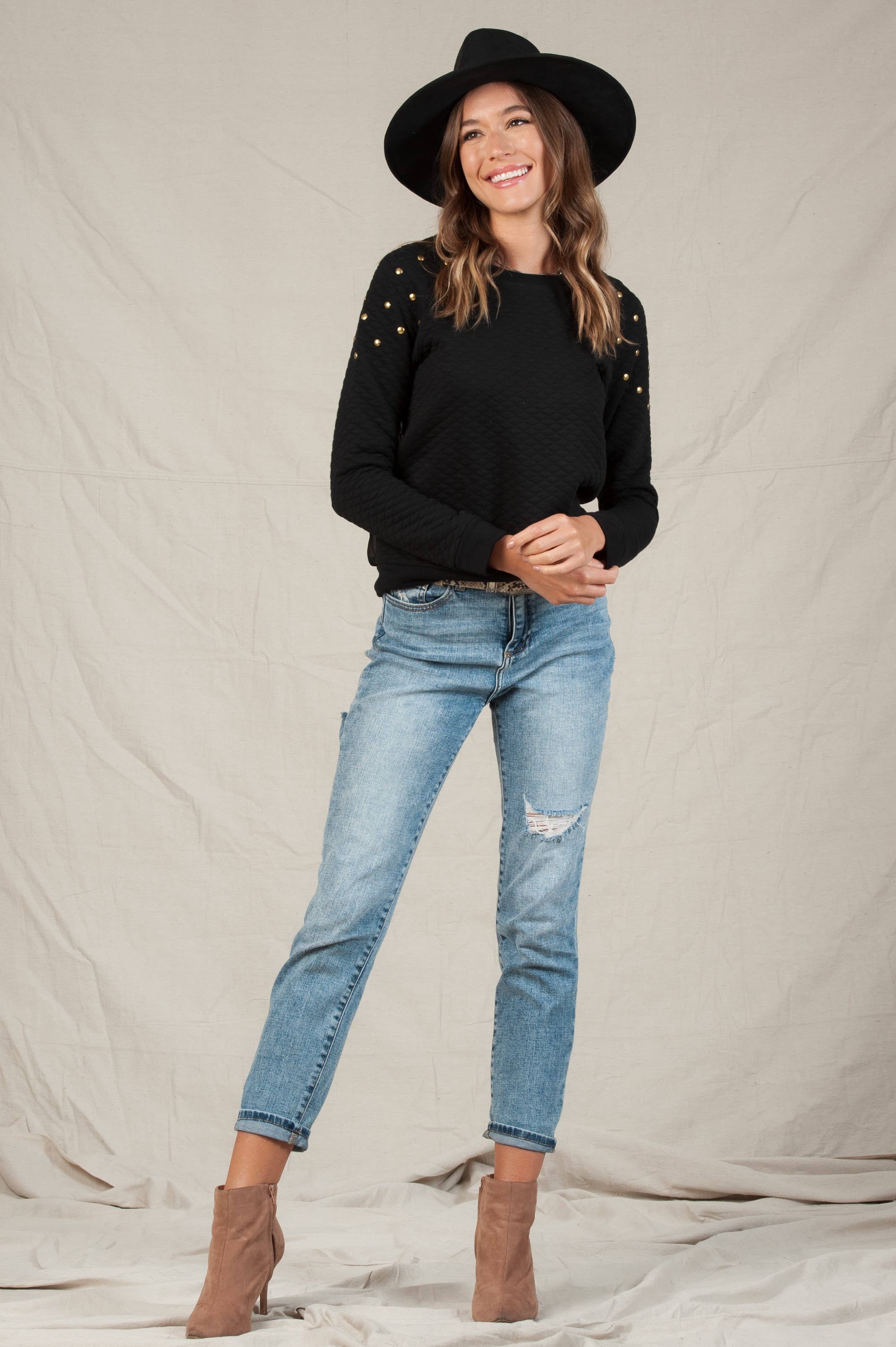 Lucca Couture - Wholesale Sweatshirt - Women's - Lucca Mesh Back stud Shoulder Pullover0