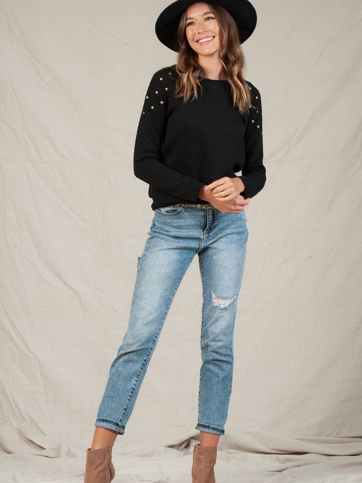 Lucca Couture - Wholesale Sweatshirt - Women's - Lucca Mesh Back stud Shoulder Pullover0