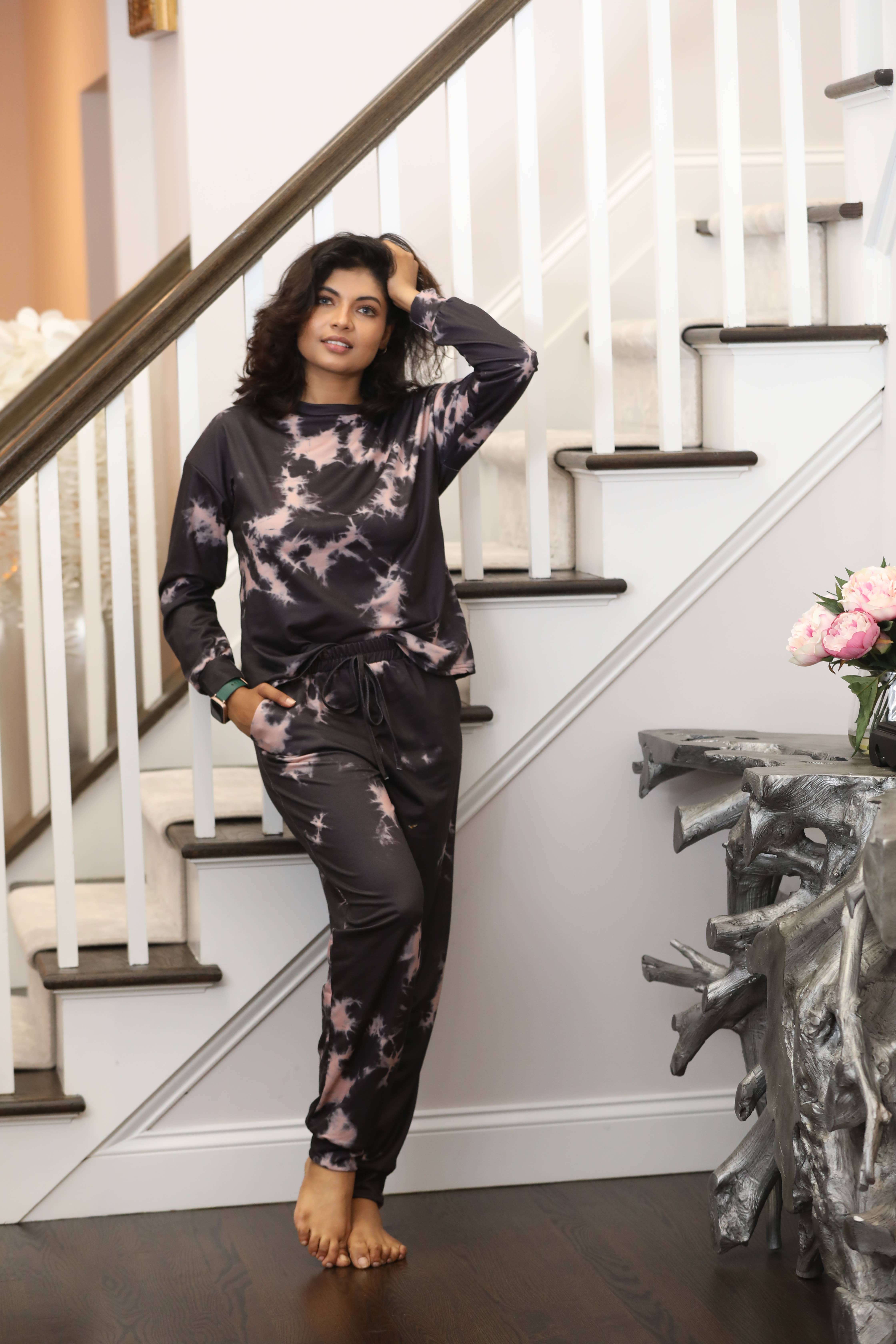 Shoreline Wear. INC - Wholesale Lounge Set - Women's - Black & Pink Tie-Dye Long-Sleeve Crewneck Top & Joggers2