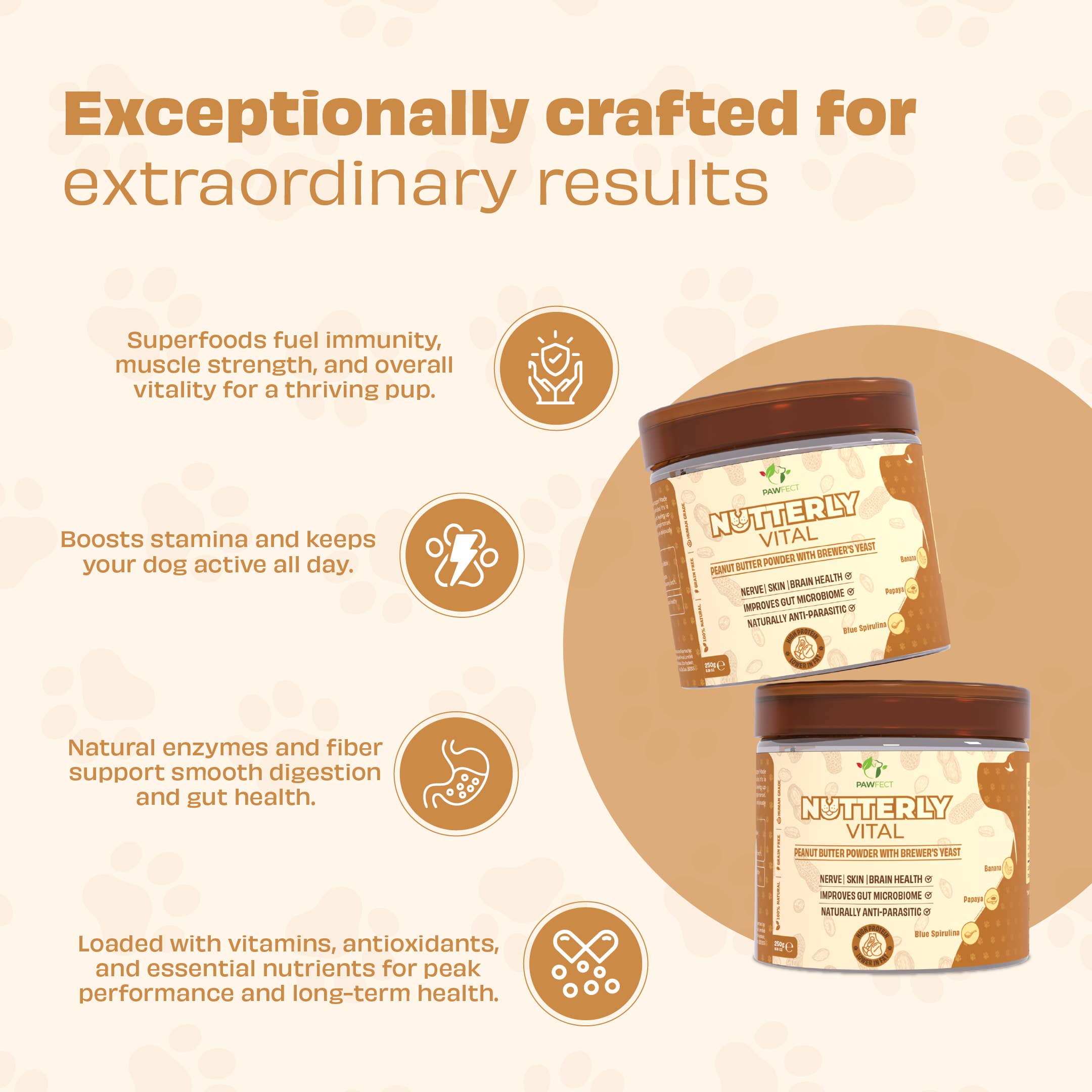 Pawfect Foods – wholesale Pet supplement – Dog – Pawfect Nutterly Vital Peanut Butter Powder | Daily Topper for Dogs | All Natural | Brewer's Yeast & Blue Spirulina | Improves Nerve, Skin, Brain Health & Gut Microbiome | Anti Parasitic (250g/8.82oz)3