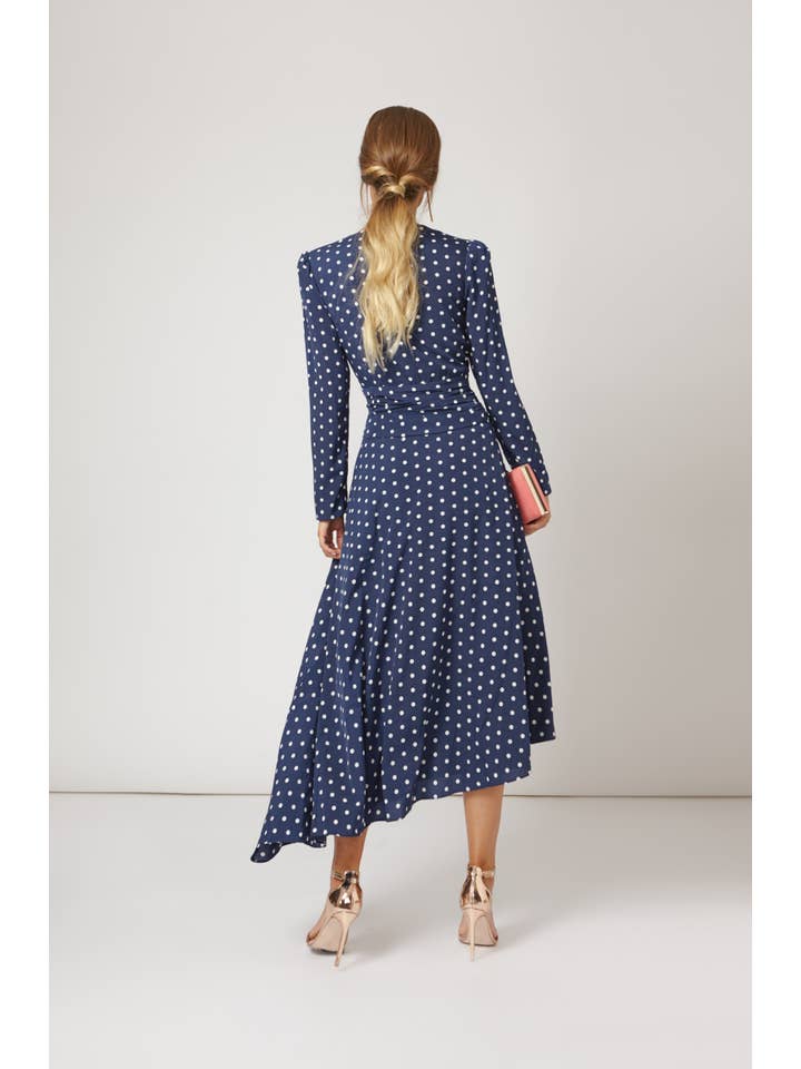 Bruna - Vendita all'ingrosso Vestito - Donna - Abito da cerimonia blu navy con stampa a pois e lunghezza midi asimmetrica3