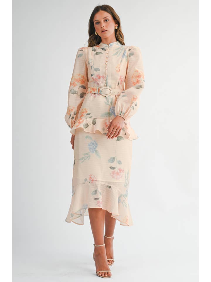 APRICOT Floral Belted Midi Dress for wholesale on Faire5