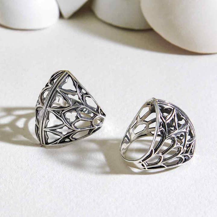 Sterling Silver Ridged Gothic Window Ring for wholesale by Nina Designs