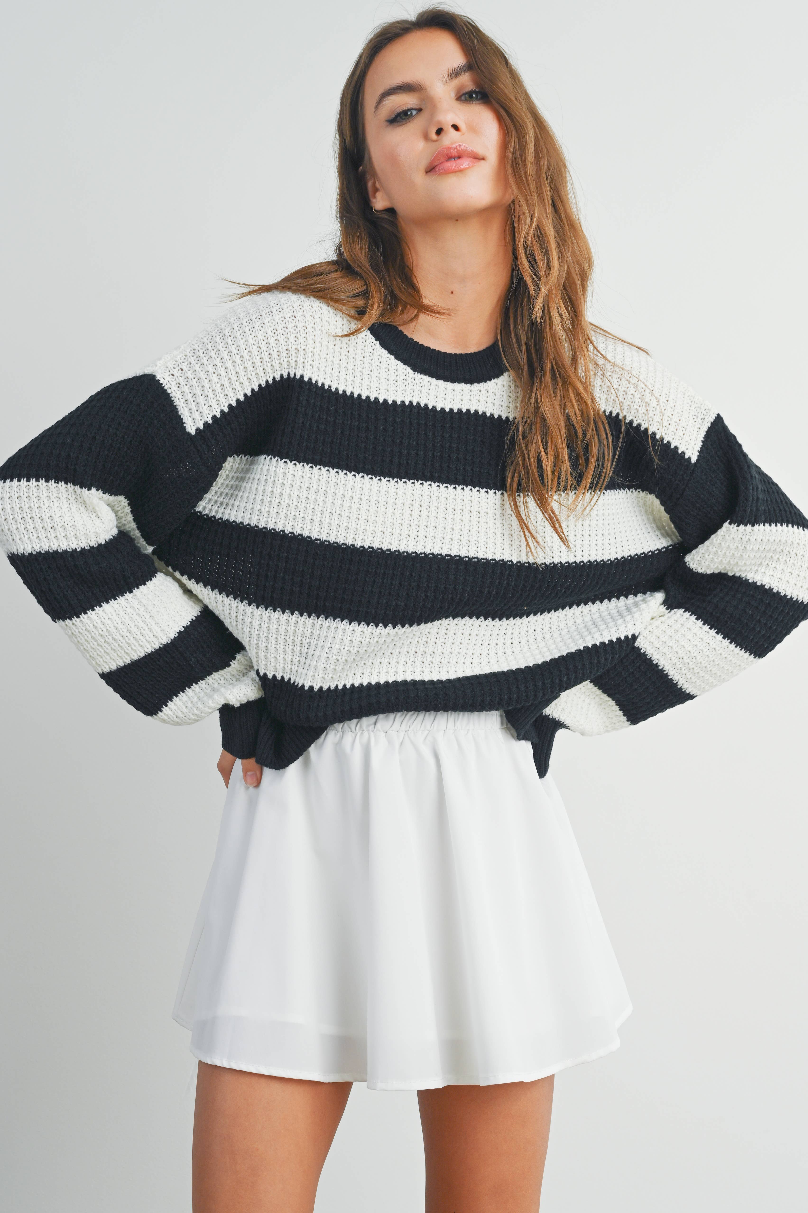 BUTTERMELON - Wholesale Knit Sweater - Women's - Striped Round Neck Long Sleeve Sweater - BMW73293
