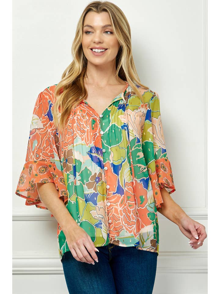 GREEN CORAL MISSY SHEER PRINTED PEASANT BLOUSE COU95L78 for wholesale on Faire