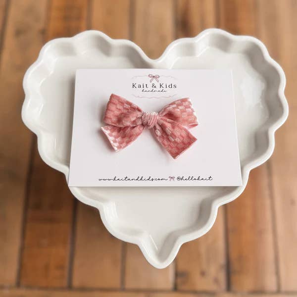 Pink velvet mini check ♡ headband / clip / piggy set for wholesale by Kait + Kids