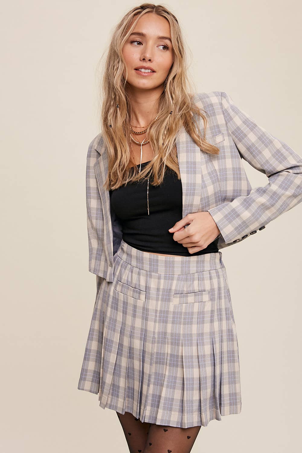 Listicle - Wholesale Top & Short Set (NOT Loungewear) - Women's - Plaid Cropped Blazer & Pleated Skort Set LSET1252