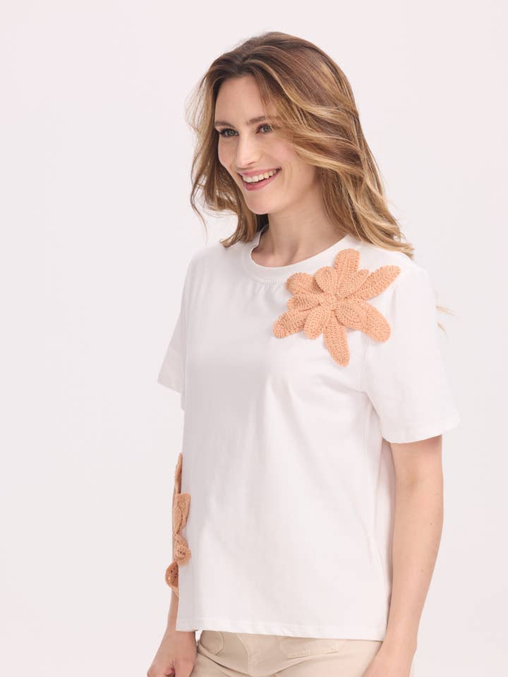 T-shirt with embroidered flowers for wholesale by KY CREATION PARIS