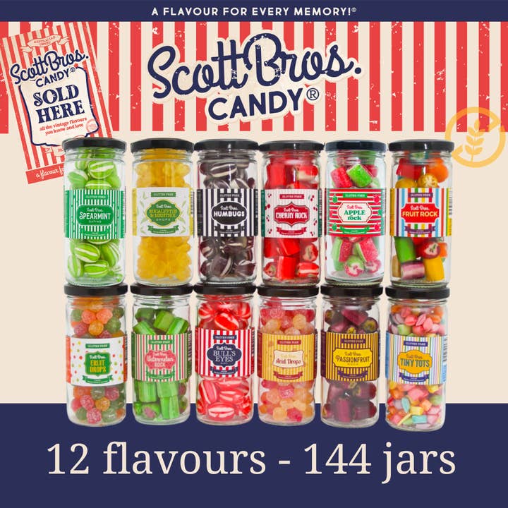Scott Bros. CANDY - Wholesale Hard Candy - 12 Flavours - 144 Jars