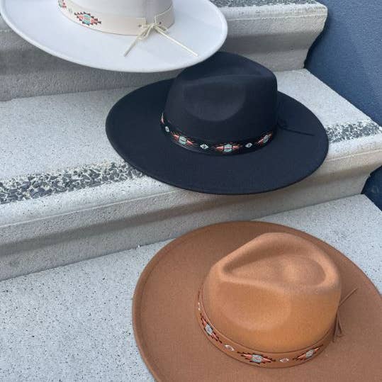Love and Thyme - Wholesale Fedora - Women's - Boho Tribal Pattern Strap Vegan Felt Fedora Hat