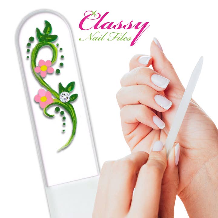 Classy Nail Files – Lima de unhas por atacado – Lima de Unhas de Cristal Pintada à Mão com Flores Swarovski Pretty Posie6