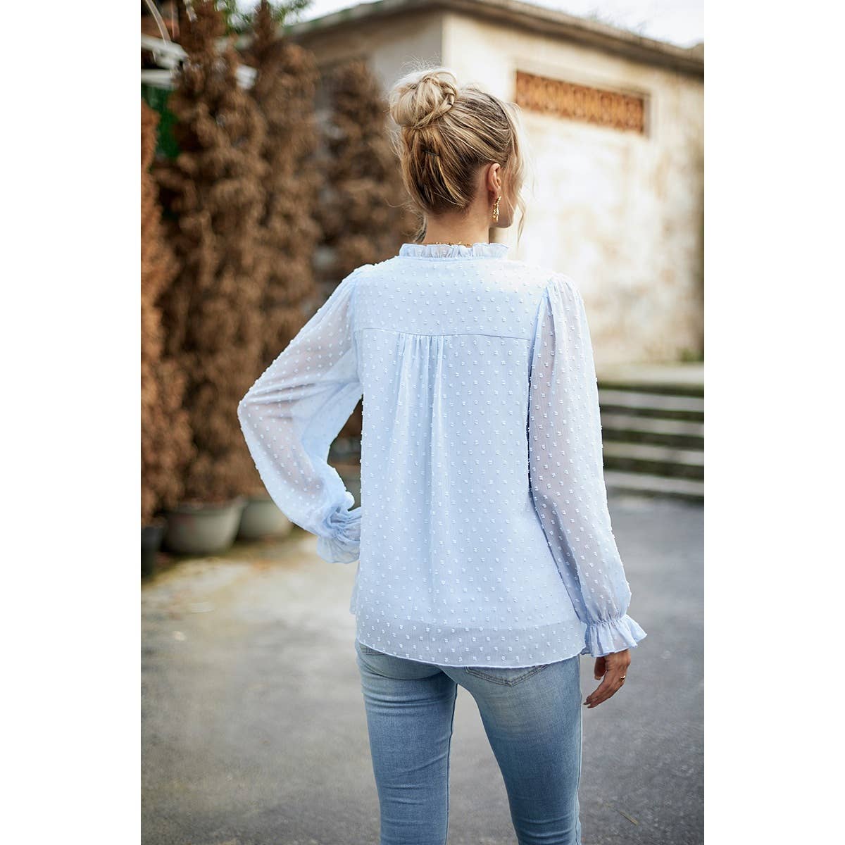 Elings - Wholesale Blouse - Women's - Swiss Dot Ruched Shoulder Hem Ruffle Blouse11