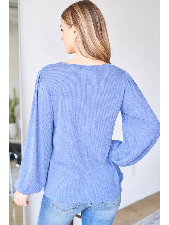 Navy PPT20533-NV-PUFF SLEEVE ROUND NECK BELLA RIB TOP for wholesale on Faire1