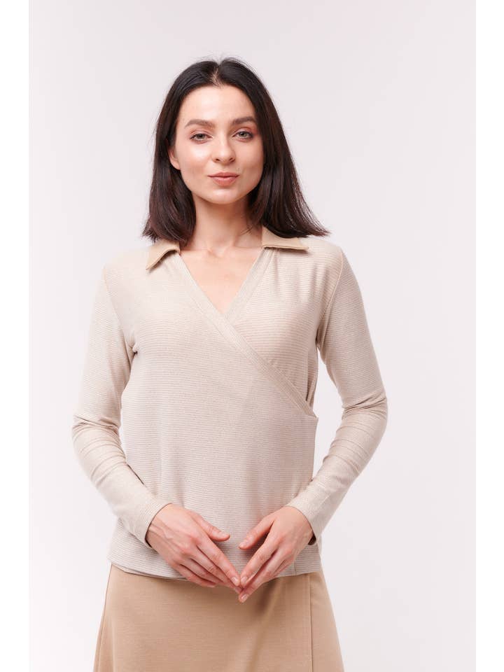 Cream Topp Wrap med krage grädde färgad Långärmad för wholesale på Faire