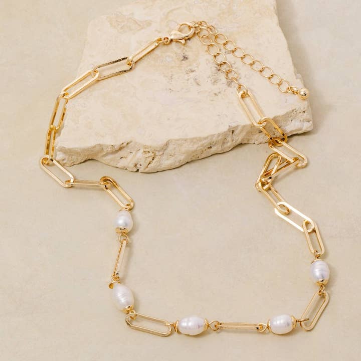 Colar de Elos Ovais com Pérolas em Estações por atacado de The Looks by Fame Accessories