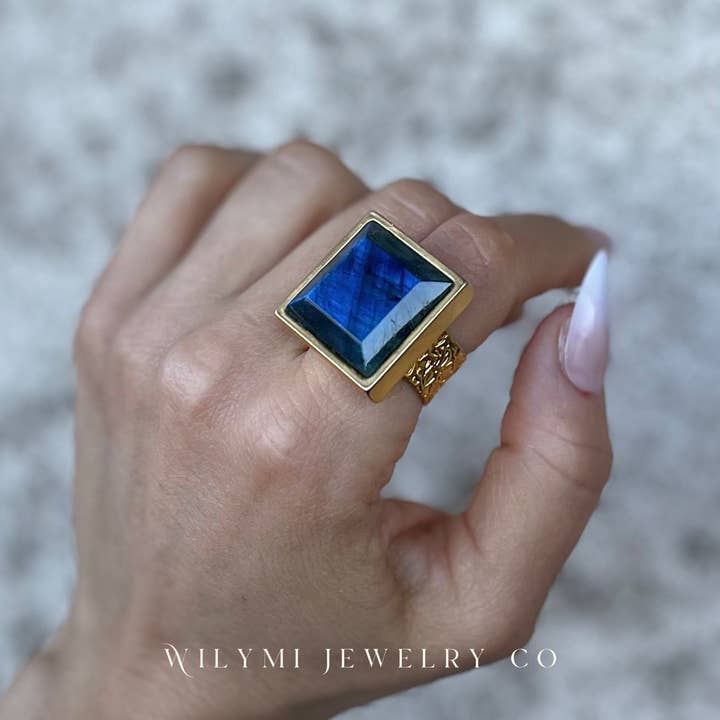 WILYMI Jewelry Co - Wholesale Cocktail/Statement Ring - PRESENCE Labradorite 20mm Square Cut | 24k GF | Adjustable3