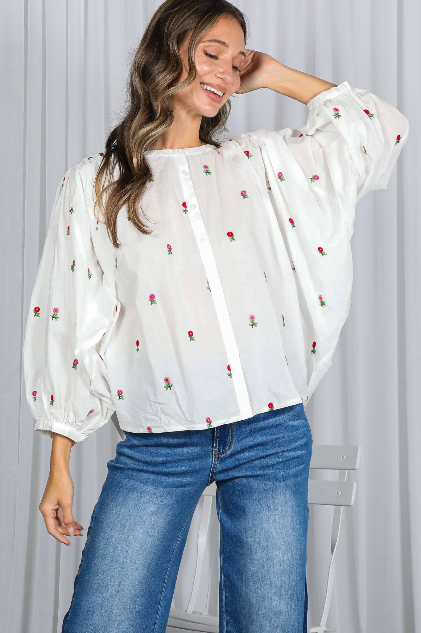 Off White English Ross Embroidered Draped 3/4 Sleeve Blouse VT82897 for wholesale on Faire18