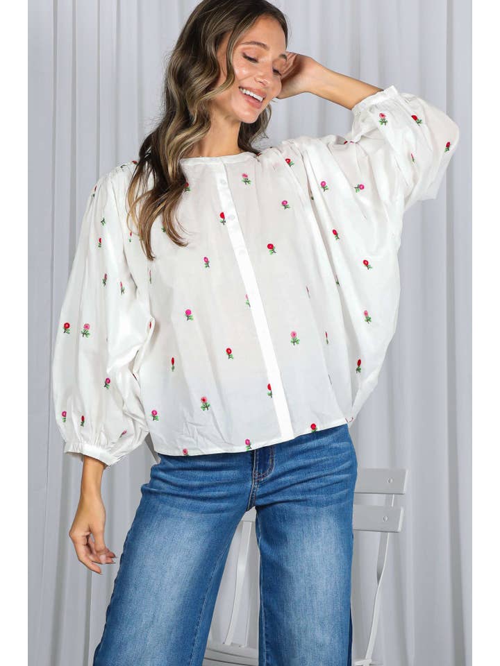 Off White English Ross Embroidered Draped 3/4 Sleeve Blouse VT82897 for wholesale on Faire18