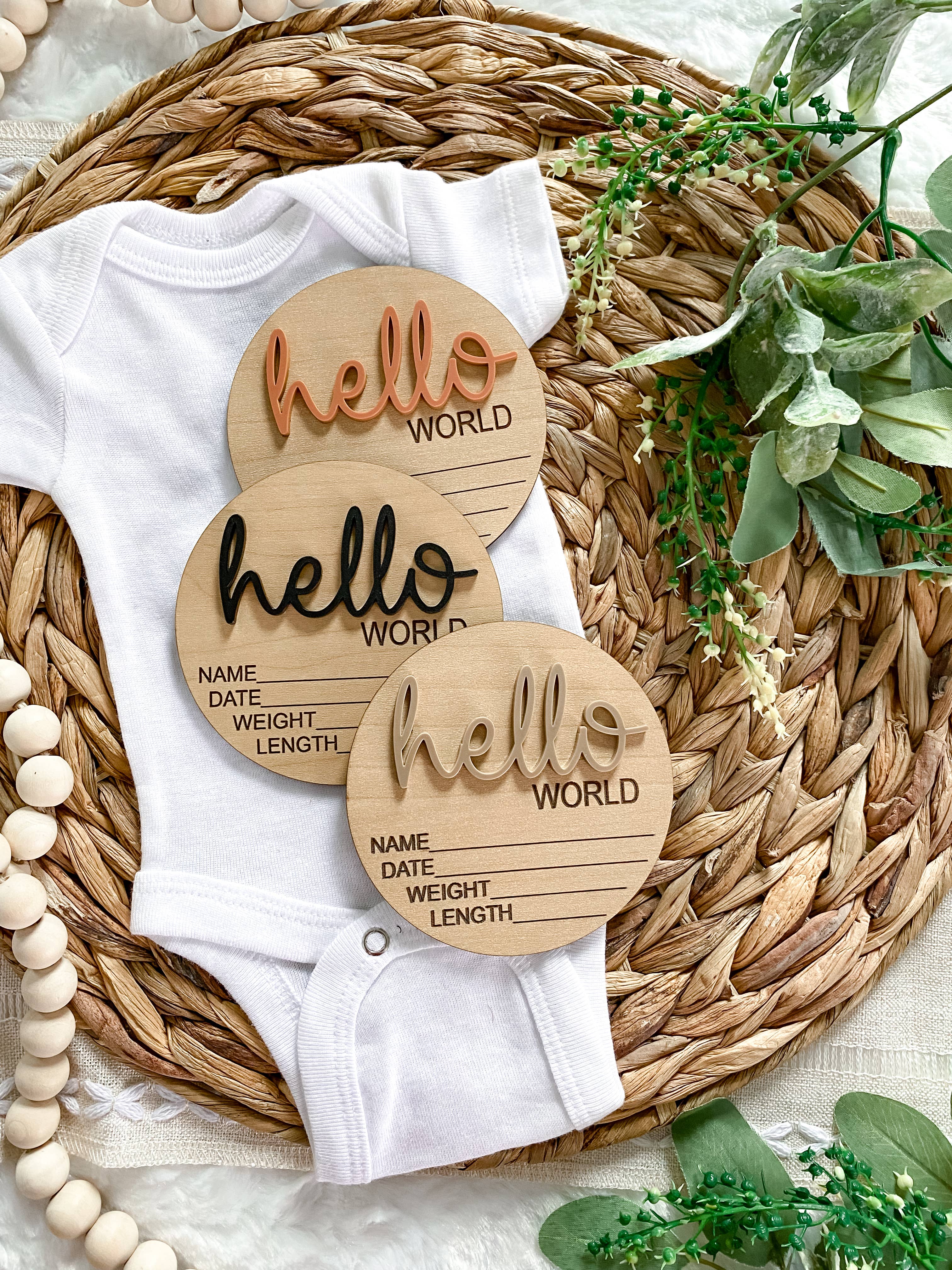 Claire and Bella - Wholesale Milestone Art/Keepsake - Kids & Baby - Hello World Birth Stat Announcement Wood Disc - Layered 3D13
