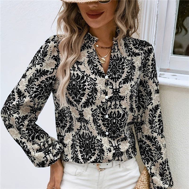 Plush Looks - Vendita all'ingrosso Camicetta - Donna - Camicia a Maniche Lunghe Stampa Elegante per Abbigliamento Casual2