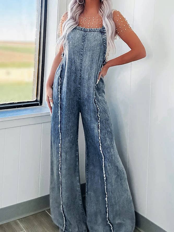 Light Blue Washed Raw Hem One Piece Wide Leg Jumpsuit Overall YYNZ020 for wholesale on Faire