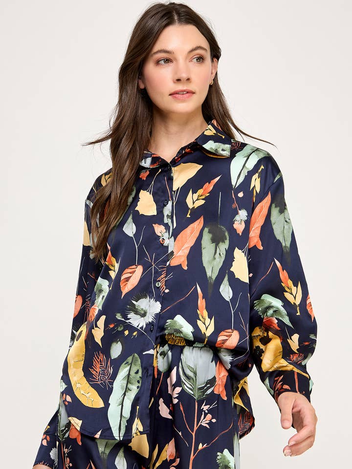 TT-10577-6 BLOOMING FLORAL TIE NECK TOP-BLACK MULTI for wholesale by Ellison