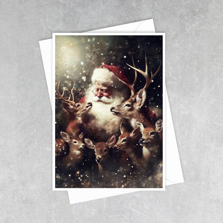 Salty Alyce - Wholesale Christmas Card - Vintage Santa Claus and Reindeer Greeting Card 57RD