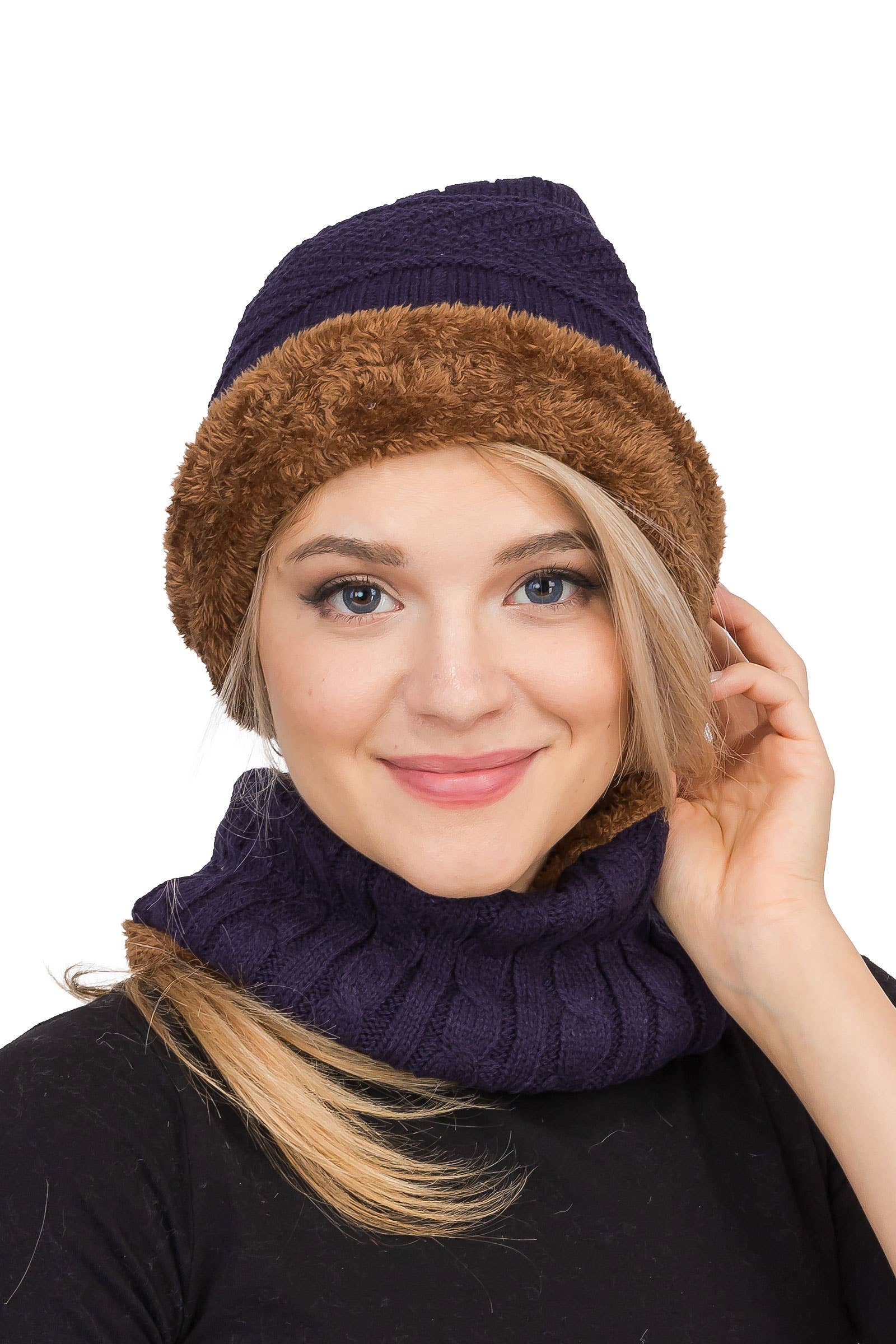 ASSORTED Earth Tone Cable Knitted Fur Beanie Scarf for wholesale on Faire7