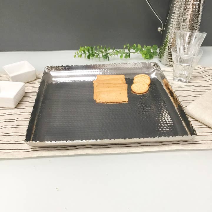 India Handicrafts Inc - Wholesale Platter - Silver Hammered Square Platter - Elegant Home Serverware2