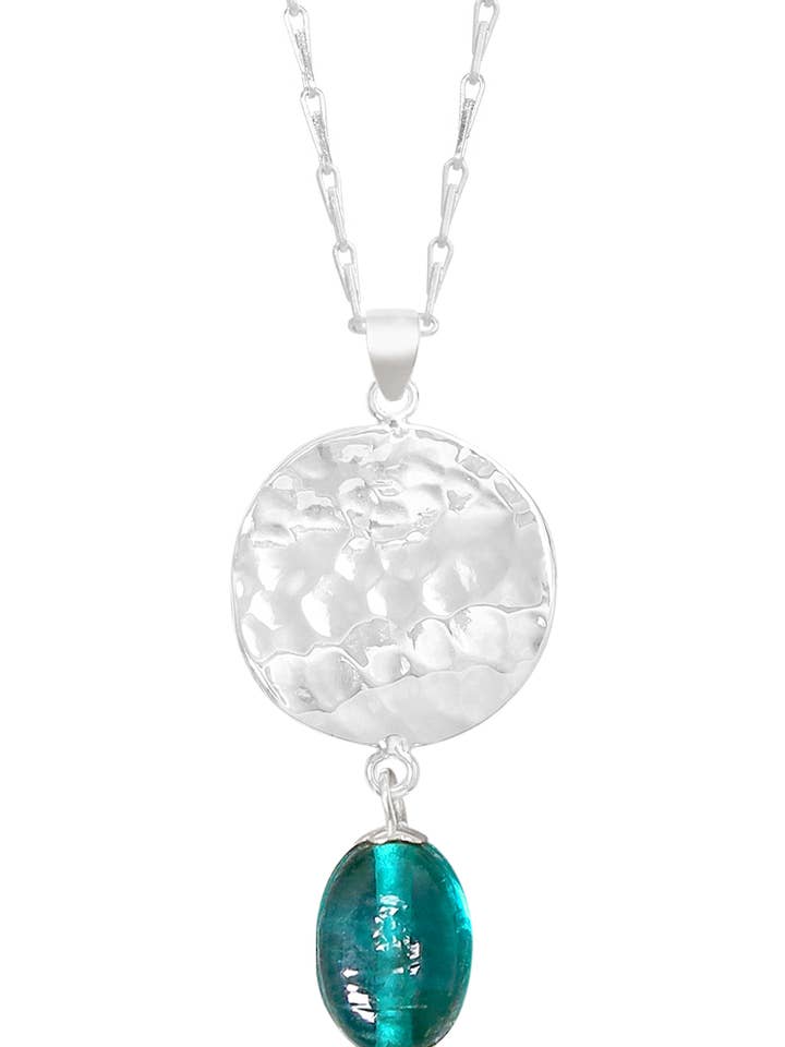 Teal Murano Glass & Hammered Disc Pendant Necklace - SF for wholesale by Zoey Simmons