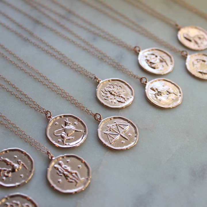 Laalee Jewelry - Wholesale Pendant/Charm Necklace - Rose Gold Zodiac Necklace Coin Disk