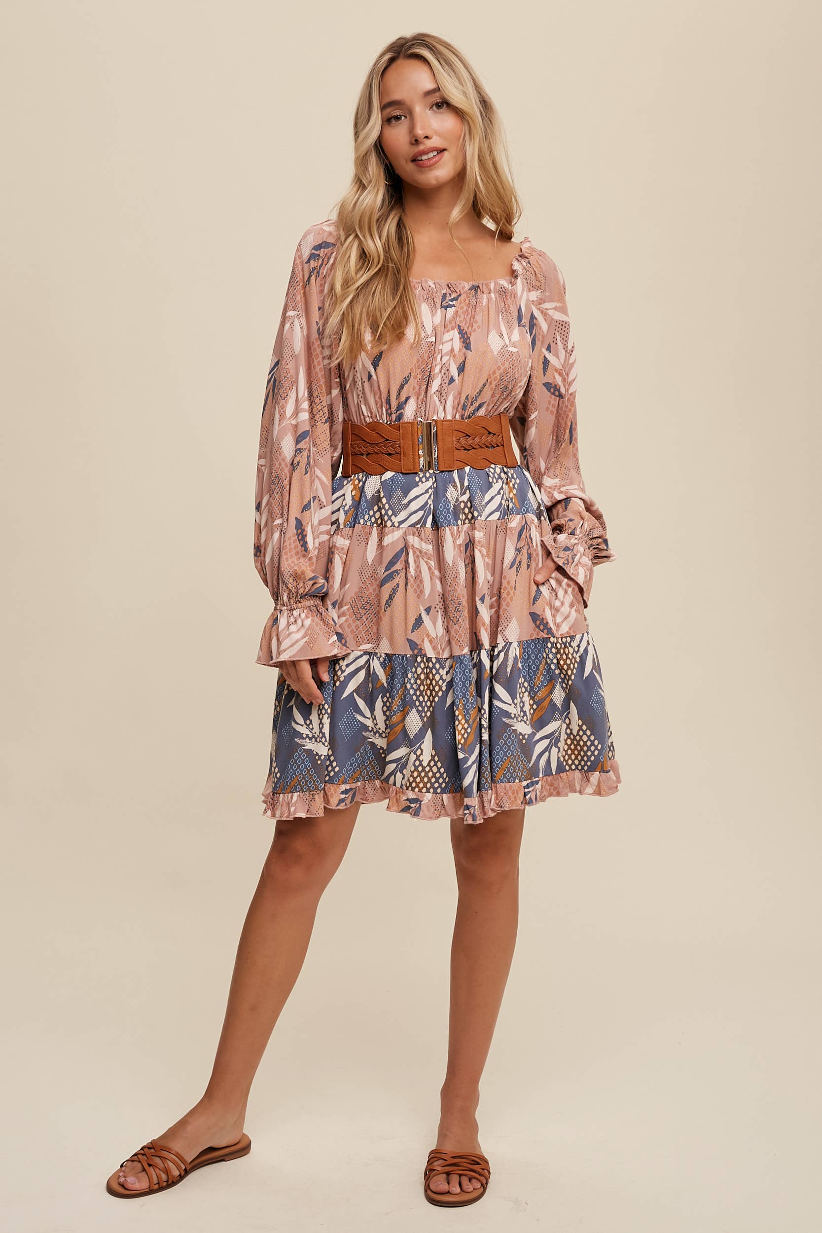 Listicle - Wholesale Dress - Women's - Patchwork Puff-Sleeve Tiered Mini Dress11